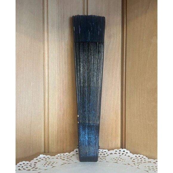 Vintage Black Handheld Wooden Black Folding Fan Hand Painted Floral Pink Roses - Picture 5 of 8